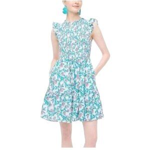 J. Crew Factory Cotton Blue White Floral Smocked Tiered Short Sleeve Mini Dress